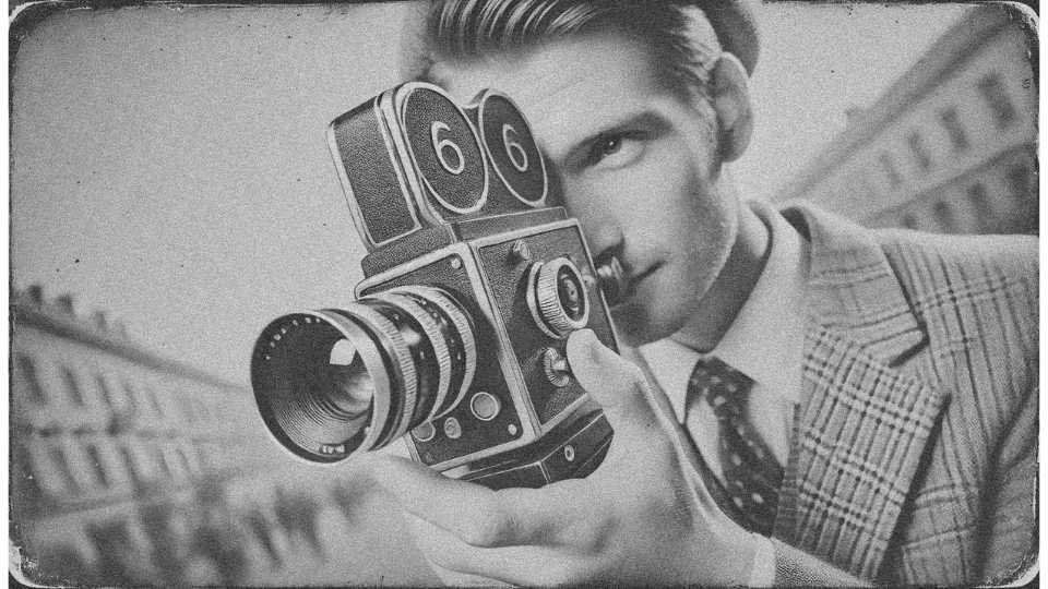 a man wearing a suit and tie is using a film camera to engage in video marketing