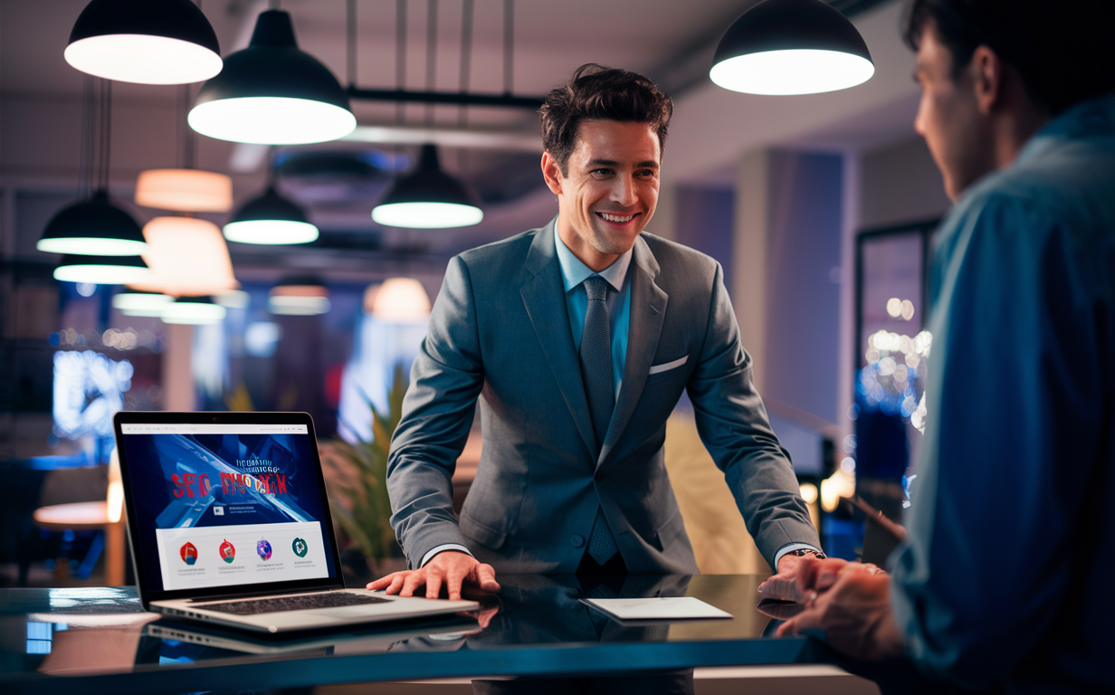 Two business professionals in a modern office setting, one smiling while presenting local SEO strategies on a laptop to improve visibility for businesses in Chester County SEO