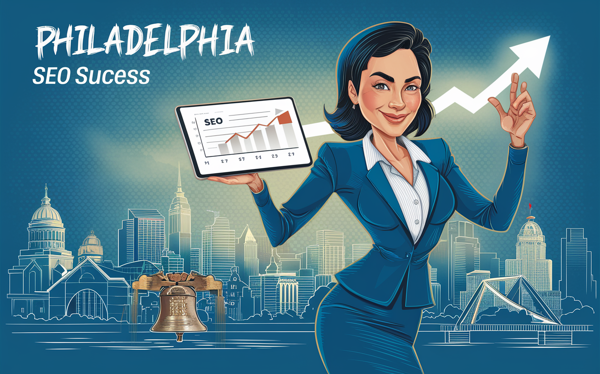 An illustration depicting a successful SEO campaign in Philadelphia, featuring a stylized woman in business attire holding a tablet showing SEO metrics and an upward arrow, with the iconic Philadelphia skyline and landmarks in the background. philadelphia seo